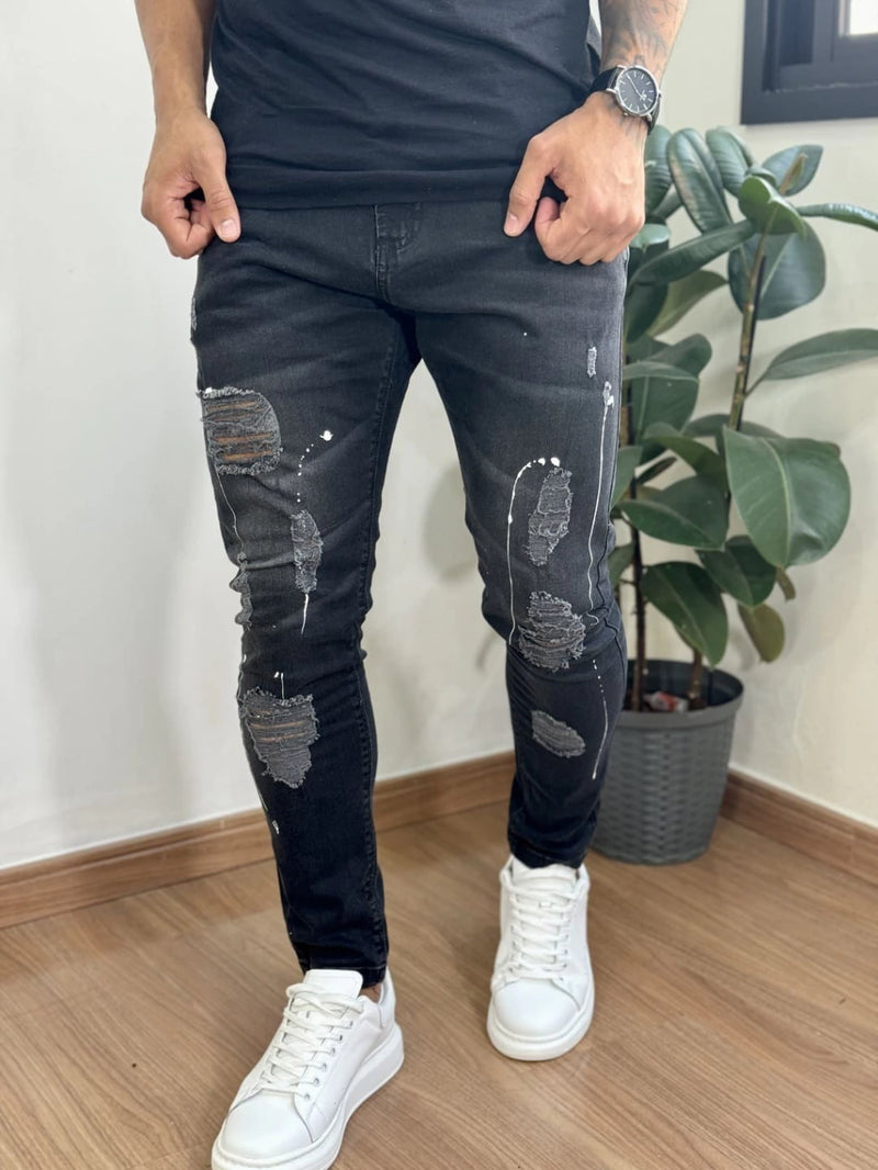 Calça Jeans Masculina Super Skinny Black Lavada Destroyed com Respingo