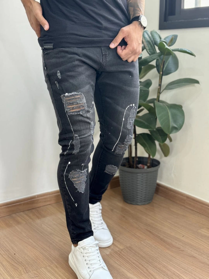 Calça Jeans Masculina Super Skinny Black Lavada Destroyed com Respingo