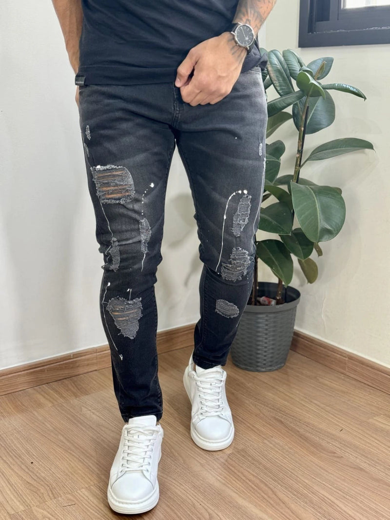 Calça Jeans Masculina Super Skinny Black Lavada Destroyed com Respingo