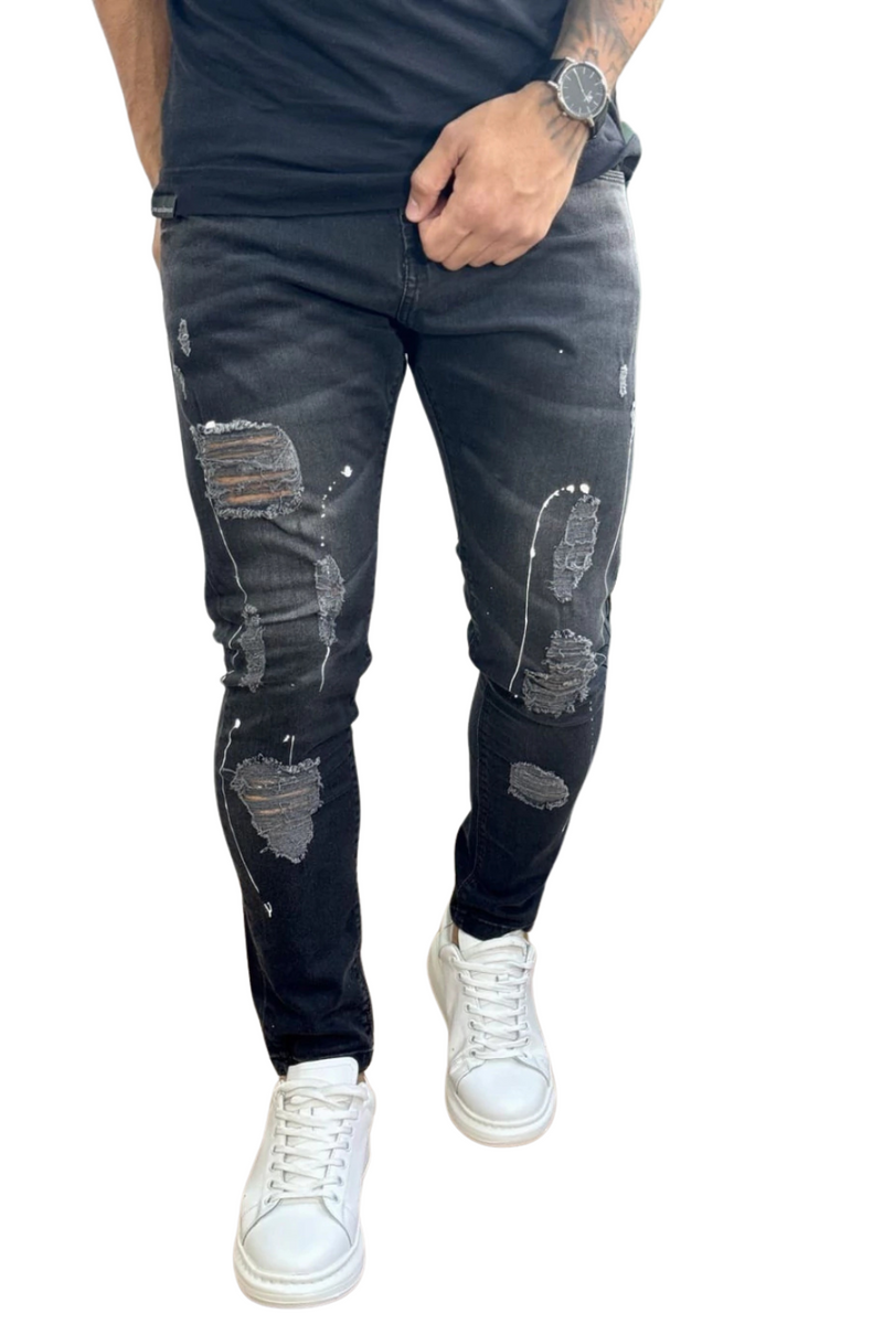 Calça Jeans Masculina Super Skinny Black Lavada Destroyed com Respingo